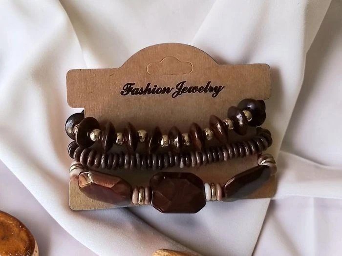 Lote de 3 Peças/pulseiras de contas café dourado tamanho único elástico-Novo-fashion – photo 3